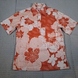 Vtg 70s Sears Hawaiian Tiki Camp Shirt Orange Floral L 44" READ
